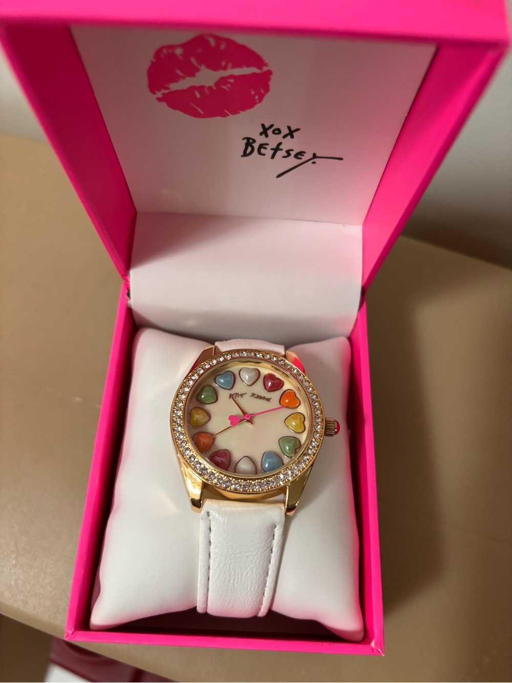 Betsey Johnson Gold-Tone Watch with White Strap and Multicolor Heart Markers